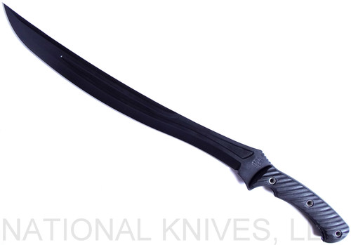 RMJ Tactical Wyvern fixed blade short sword - shown out of sheath reverse.  Black 3V steel plain edge blade.  Black G-10 handle. 
