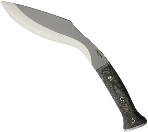 Condor Tool and Knife K-Tact Kukri fixed blade knife - shown out of sheath reverse.  1075 steel plain edge blade.  Green Micarta handle.  Model CTK1812-10.