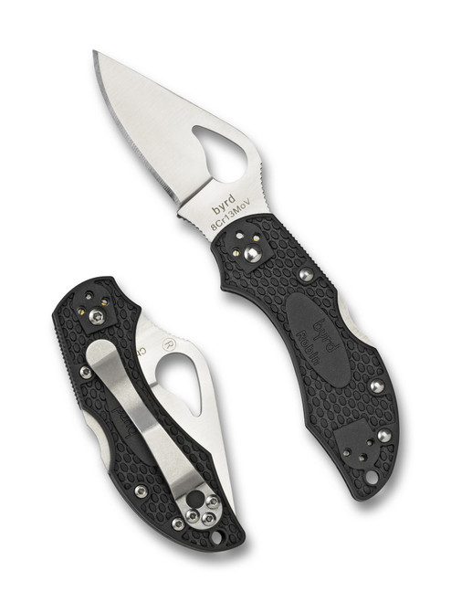 Byrd Knives Robin 2 folding knife with thumb slot - shown both open presentation side and closed pocket clip side.  Satin 8Cr13MoV stainless steel plain edge blade.  Black FRN handle.  Model BY10PBK2.