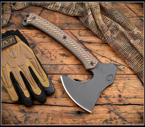 RMJ Tactical Weeserker Camp Axe - shown out of sheath obverse.  Cobalt Cerakote 80CRV2 steel plain edge head.  Hyena Brown G-10 handle.