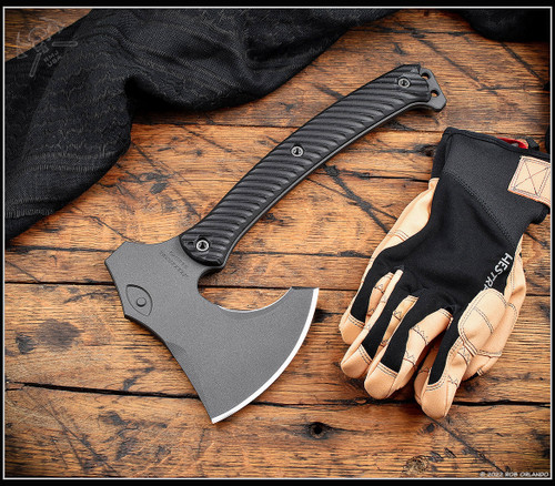 RMJ Tactical Weeserker Camp Axe - shown out of sheath reverse.  Cobalt Cerakote 80CRV2 steel plain edge head.  Black G-10 handle.