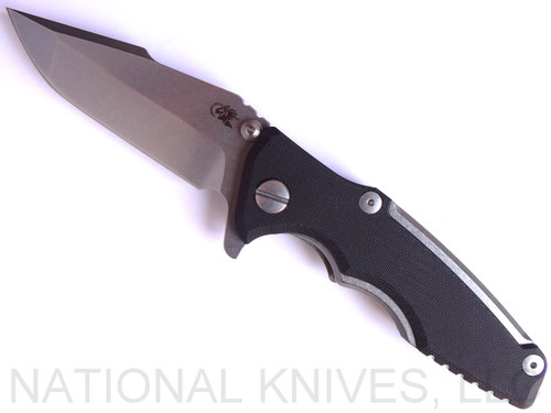Rick Hinderer Knives Eklipse 3.0" Harpoon Spanto folding knife with thumb stud and flipper tab - shown open presentation side.  Stonewash S35VN stainless steel plain edge blade.  Black G-10 handle with stonewash titanium.  Model K40441SGS00.
