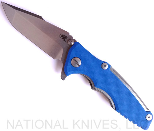 Rick Hinderer Knives Eklipse 3.0" Harpoon Spanto folding knife with thumb stud and flipper tab - shown open presentation side.  Stonewash S35VN stainless steel plain edge blade.  Blue G-10 handle with stonewash titanium.  Model K40441SGS00.