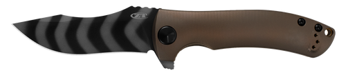 Zero Tolerance 0920TTS folding knife with flipper tab - open - logo side.  Tiger-Striped 20CV stainless steel plain edge blade.  Bronze titanium handle.  Model 0920TTS.
For reference only.