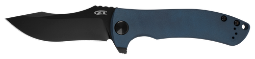 Zero Tolerance 0920BLUBLK folding knife with flipper tab - open - logo side.  Black 20CV stainless steel plain edge blade.  Blue titanium handle.  Model 0920BLUBLK.
For reference only.