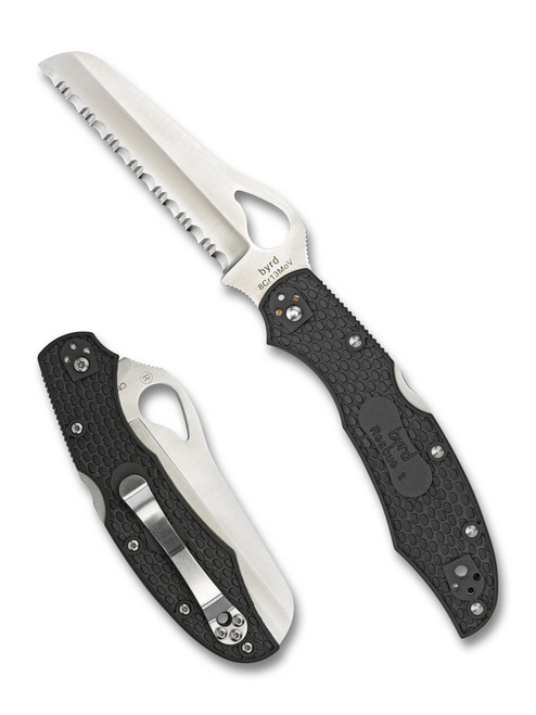 Byrd Knives Cara Cara 2 Rescue folding knife with thumb slot - shown both open presentation side and closed pocket clip side.  Satin 8Cr13MoV stainless steel serrated edge blade.  Black G-10 handle.  Model BY17SBK2.