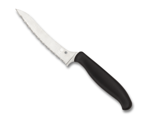 Spyderco Culinary Z-Cut kitchen knife - obverse shown.  Satin CTS-BD1N stainless steel serrated edge blade.  Black polypropylene handle.  Model K14SBK.
For reference only.
