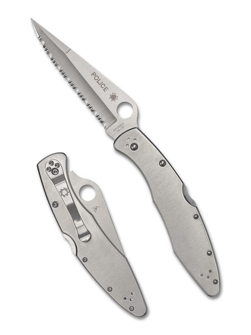 Spyderco Police folding knife with thumb hole - shown both open presentation side and closed pocket clip side.  Satin VG-10 stainless steel serrated edge blade.  Stainless steel handle.  Model C07S.
