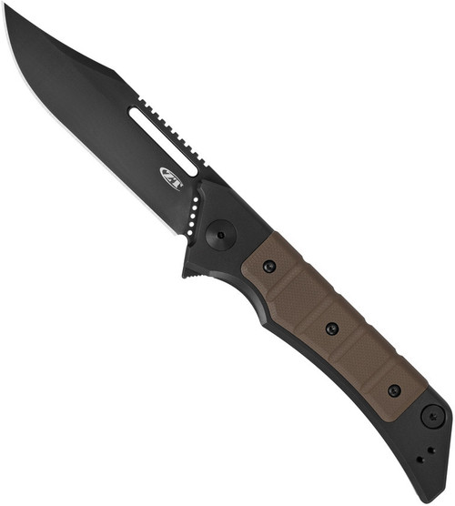 Zero Tolerance 0223 folding knife with flipper tab and blade slot - shown open logo side.  Black 20CV stainless steel plain edge blade.  Tan G-10 handle scales.  Model 0223.
For reference only.