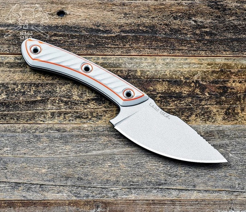 RMJ Tactical Explore More Nomad fixed blade knife - shown out of sheath reverse.  Tungsten Cerakote 52100 steel plain edge blade.  Gray and orange G-10 handle.
For reference only.