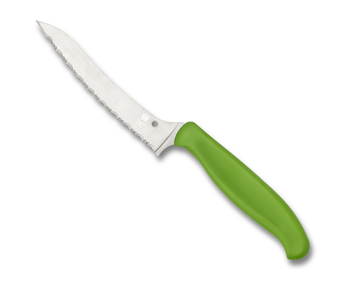 Spyderco Culinary Z-Cut kitchen knife - obverse shown.  Satin CTS-BD1N stainless steel serrated edge blade.  Green polypropylene handle.  Model K14SGN.
For reference only.