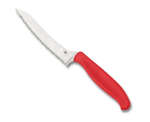 Spyderco Culinary Z-Cut kitchen knife - obverse shown.  Satin CTS-BD1N stainless steel serrated edge blade.  Red polypropylene handle.  Model K14SRD.
For reference only.