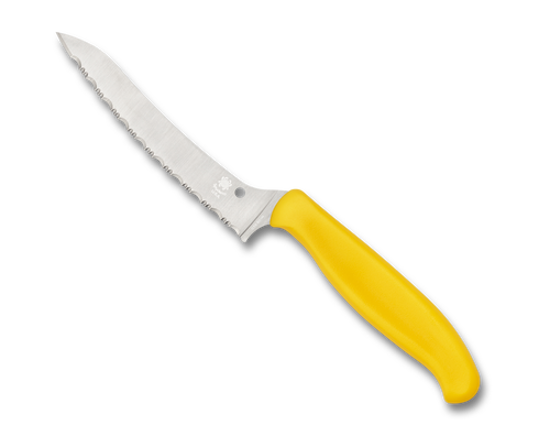 Spyderco Culinary Z-Cut kitchen knife - obverse shown.  Satin CTS-BD1N stainless steel serrated edge blade.  Yellow polypropylene handle.  Model K14SYL.
For reference only.