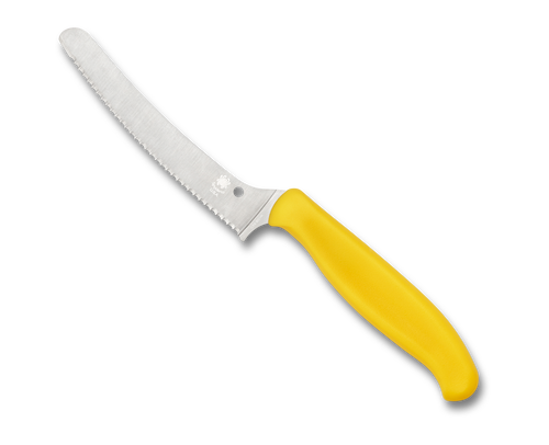 Spyderco Culinary Z-Cut Blunt Tip kitchen knife - obverse shown.  Satin CTS-BD1N stainless steel serrated edge blade.  Yellow polypropylene handle.  Model K13SYL.
For reference only.