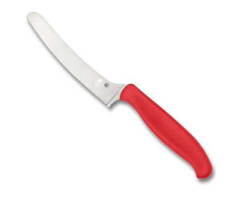 Spyderco Culinary Z-Cut Blunt Tip kitchen knife - obverse shown.  Satin CTS-BD1N stainless steel plain edge blade.  Red polypropylene handle.  Model K13PRD.
For reference only.