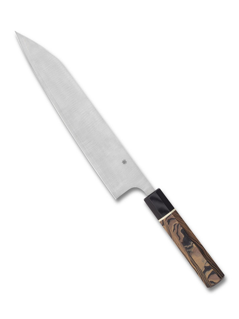 Spyderco Culinary Murray Carter Itamae Gyuto kitchen knife - obverse shown.  Satin Super Blue and SUS 410 laminate steel plain edge blade.  Black and brown burl G-10 handle.  Model K19GPBNBK.