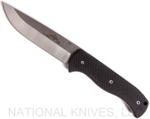 Emerson Knives Renegade fixed blade knife - shown out of sheath reverse.  Satin 154CM stainless steel plain edge blade.  Black G-10 handle.  Model OVERLANDFX-REN-154CM-BLKG10.