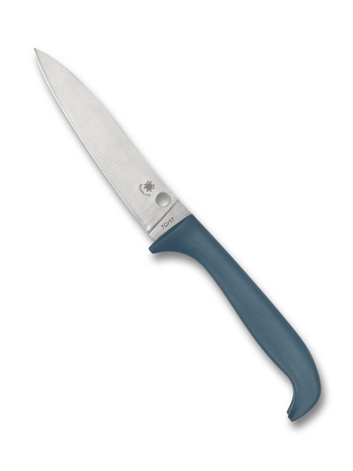 Spyderco Culinary Counter Puppy kitchen knife - presentation side shown.  Satin 7Cr17 stainless steel plain edge blade.  Blue polypropylene handle.  Model K20PBL.