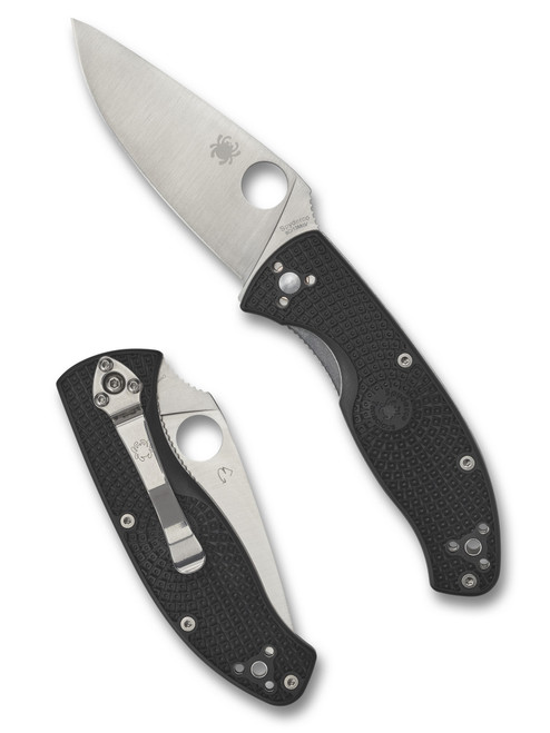 Spyderco Tenacious folding knife with thumb hole - shown open presentation side and closed pocket clip side.  Satin 8Cr13MoV stainless steel plain edge blade.  Black FRN handle.  Model C122PBK.