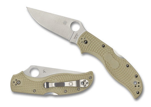 Spyderco Stretch 2 Sprint Run folding knife with thumb hole - shown open presentation side and closed pocket clip side.  Satin VG-10 stainless steel plain edge blade.  Ivory FRN handle.  Model C90FPIV2.
For reference only.