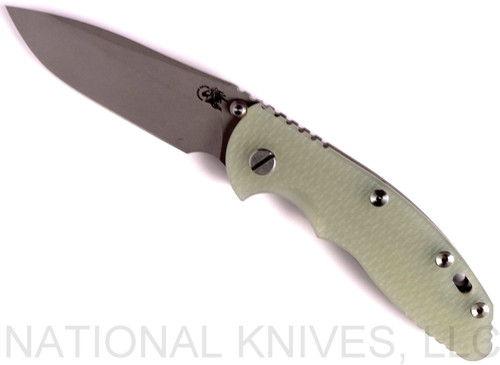 Rick Hinderer Knives Non Flipper XM-18 3.5" Spear Point folding knife with thumb stud - shown open presentation side.  Working Finish 20CV stainless steel plain edge blade.  Translucent Green G-10 handle with Working Finish lock side.  Model K20821SGW00.