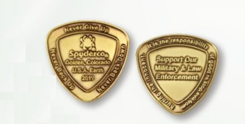 Spyderco 2019 Challenge Coin - both obverse and reverse shown.  Antique Bronze finish.  Model COIN2019.
For reference only.