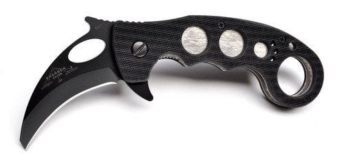 Emerson Knives Karambit-F BT folding knife with blade hole, flipper tab, and Emerson Wave opener - shown open presentation side.  Black 154CM stainless steel plain edge blade.  Black G-10 handle.  Model KAR-F-BT.