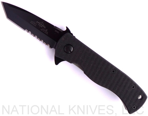 Emerson Knives Mini CQC-7BW Flipper BTS folding knife with thumb disk, flipper tab, and Emerson Wave opener - shown open presentation side.  Black 154CM stainless steel combo edge blade.  Black G-10 handle.  Model M-CQC-7BW-F-BTS.
