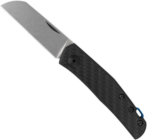 Zero Tolerance 0230 slip joint folding knife with nail nick - shown open logo side.  Stonewashed 20CV stainless steel plain edge blade.  Black carbon fiber handle.  Model 0230.