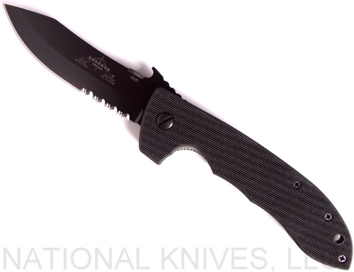 Emerson Knives CQC-8 BTS folding knife with thumb disk, flipper tab, and Emerson Wave opener - shown open presentation side.  Black 154CM stainless steel combo edge blade.  Black G-10 handle.  Model CQC-8-F-BTS.
