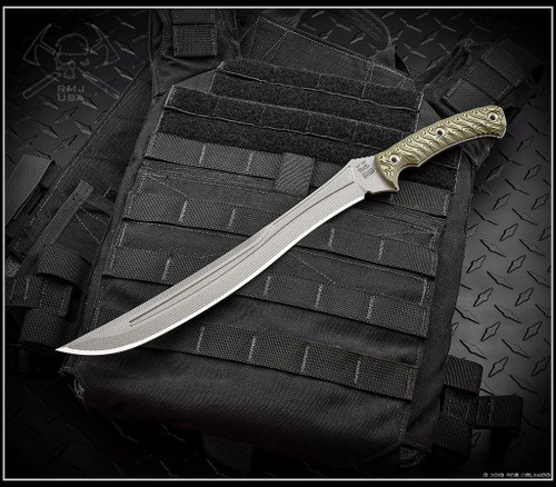 RMJ Tactical Drake fixed blade knife - shown out of sheath reverse.  Tungsten Cerakote CPM-3V steel plain edge blade.  Dirty Olive G-10 handle.