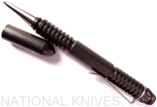 Rick Hinderer Knives Extreme Duty ink pen - shown with cap off.  Stonewash black DLC stainless steel construction.  Model P5802002SB.