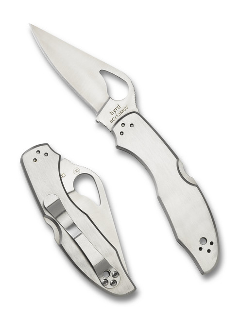 Byrd Knives Meadowlark 2 folding knife with thumb slot - shown both open presentation side and closed pocket clip side.  Satin 8Cr13MoV stainless steel plain edge blade.  Stainless steel handle.  Model BY04P2.