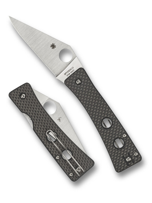 Spyderco Watu folding knife with thumb hole - shown open presentation side and closed pocket clip side.  Satin 20CV stainless steel plain edge blade.  Black carbon fiber and G-10 laminate handle.  Model C251CFP.