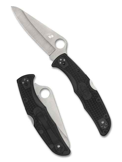 Spyderco Pacific Salt 2 folding knife with thumb hole - shown open presentation side and closed pocket clip side.  Satin H-2 stainless steel plain edge blade.  Black FRN handle.  Model C91PBK2.