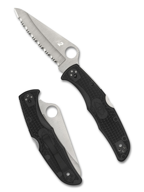 Spyderco Pacific Salt 2 folding knife with thumb hole - shown open presentation side and closed pocket clip side.  Satin H-2 stainless steel serrated edge blade.  Black FRN handle.  Model C91SBK2.