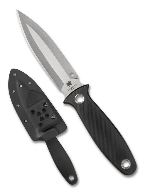 Spyderco Nightstick fixed blade knife - shown out of sheath reverse and in sheath reverse.  Satin S30V stainless steel plain edge blade.  Black G-10 handle.  Model FB47GP.