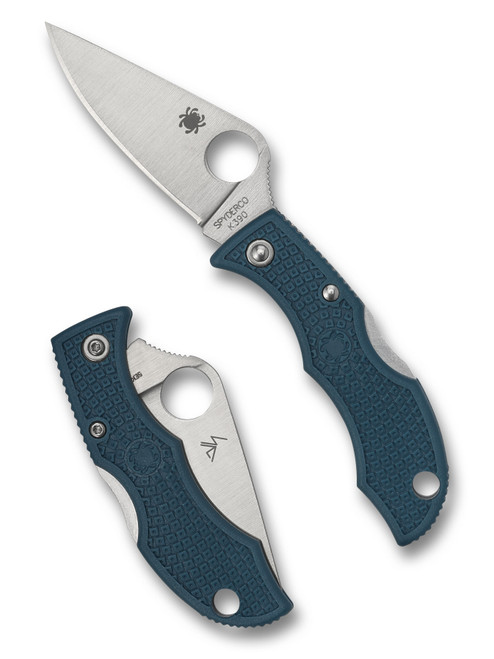 Spyderco Ladybug 3 folding knife with thumb hole - shown open obverse and closed reverse.  Satin K390 steel plain edge blade.  Blue FRN handle.  Model LFP3K390.