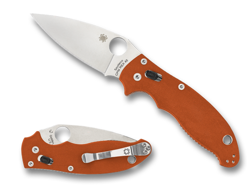 Spyderco Manix 2 Sprint Run folding knife with thumb hole - shown both open presentation side and closed pocket clip side.  Satin REX 45 steel plain edge blade.  Orange G-10 handle.  Model C101GPBORE2.
For reference only.