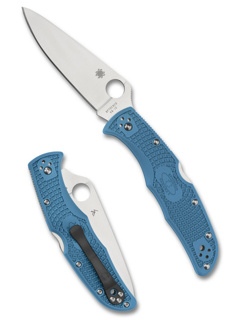 Spyderco Endura 4 folding knife with thumb hole - shown open presentation side and closed pocket clip side.  Satin VG-10 stainless steel plain edge blade.  Blue FRN handle.  Model C10FPBL.