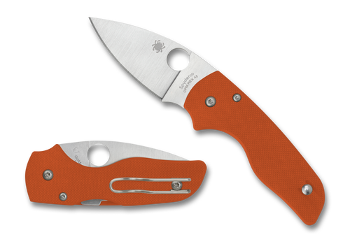Spyderco Lil' Native Sprint Run folding knife with thumb hole - shown open presentation side and closed pocket clip side.  Satin REX 45 steel plain edge blade.  Orange G-10 handle.  Model C230GPBORE.
For reference only.