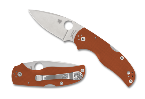 Spyderco Native 5 Sprint Run folding knife with thumb hole - shown open presentation side and closed pocket clip side.  Satin REX 45 steel plain edge blade.  Orange G-10 handle.  Model C41GPBORE5.
For reference only.
