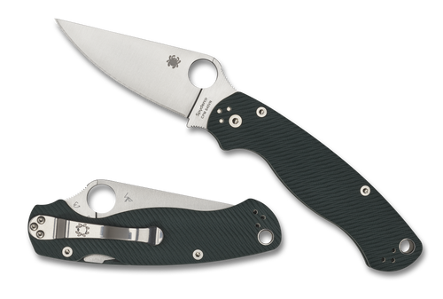 Spyderco Paramilitary 2 Sprint Run folding knife with thumb hole - shown open presentation side and closed pocket clip side.  Satin S45VN stainless steel plain edge blade.  Diamond Art Forest Green G-10 handle.  Model C81GPFGR2.
For reference only.