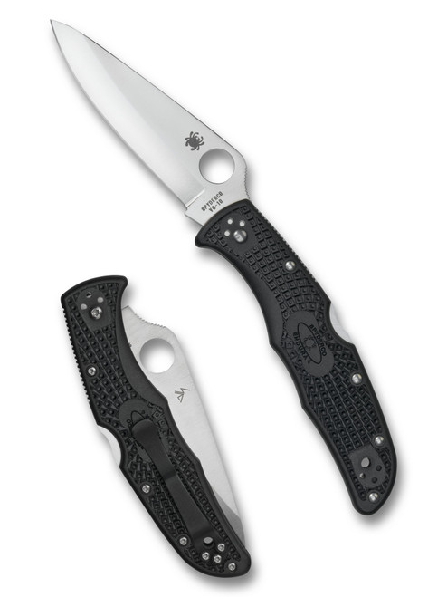 Spyderco Endura 4 folding knife with thumb hole - shown open presentation side and closed pocket clip side.  Satin VG-10 stainless steel, saber ground, plain edge blade.  Black FRN handle.  Model C10PBK.