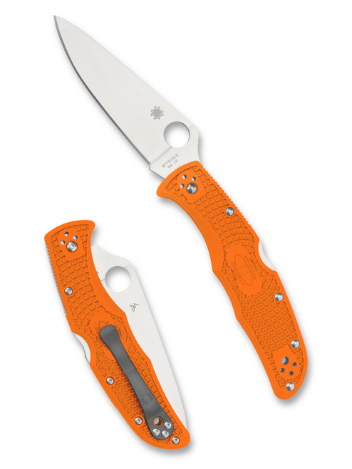 Spyderco Endura 4 folding knife with thumb hole - shown open presentation side and closed pocket clip side.  Satin VG-10 stainless steel plain edge blade.  Orange FRN handle.  Model C10FPOR.