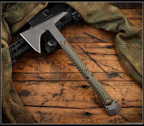 RMJ Tactical Ragnarok 14 tomahawk - shown out of sheath obverse.  Tungsten Cerakote 80CRV2 steel plain edge head.  Dirty Olive G-10 handle.  Model T-R14-TU-DO.