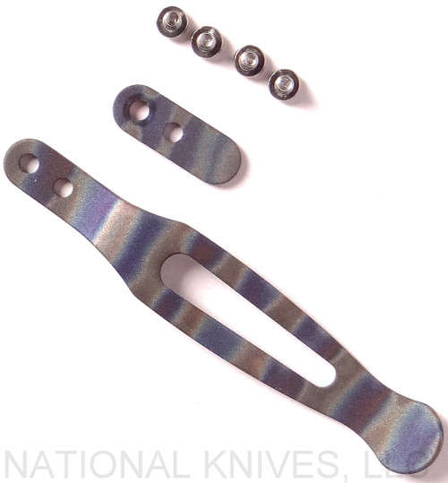 Rick Hinderer Knives Pocket Clip and Filler Tab Set with screws- obverse. Flamed titanium construction.  Model K0020101FL.