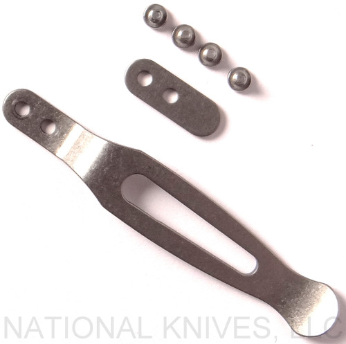 Rick Hinderer Knives Pocket Clip and Filler Tab Set with screws- obverse. Stonewash titanium construction.  Model K0020101TD.