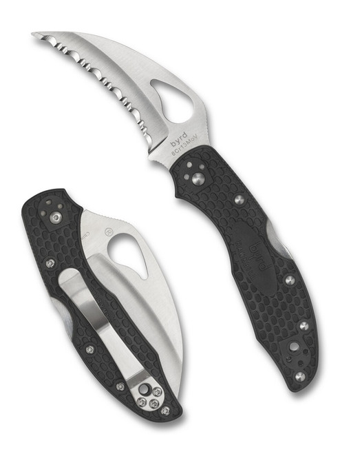 Byrd Knives Meadowlark Hawkbill folding knife with thumb slot - shown both open presentation side and closed pocket clip side.  Satin 8Cr13MoV stainless steel serrated edge blade.  Black G-10 handle.  Model BY22SBK.
