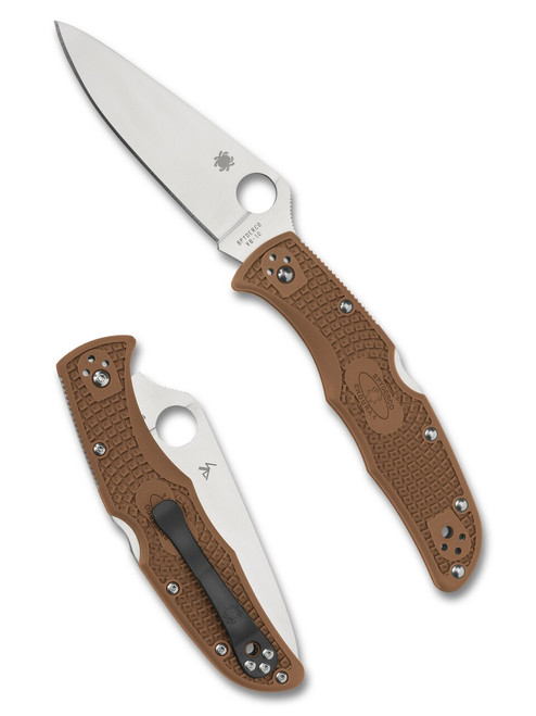 Spyderco Endura 4 folding knife with thumb hole - shown open presentation side and closed pocket clip side.  Satin VG-10 stainless steel plain edge blade.  Brown FRN handle.  Model C10FPBN.
For reference only.
